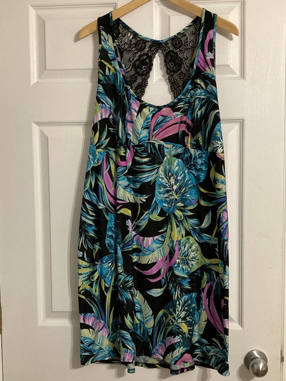 Floral Plus Size Lace-Back Night Gown — Black with Teal & Pink